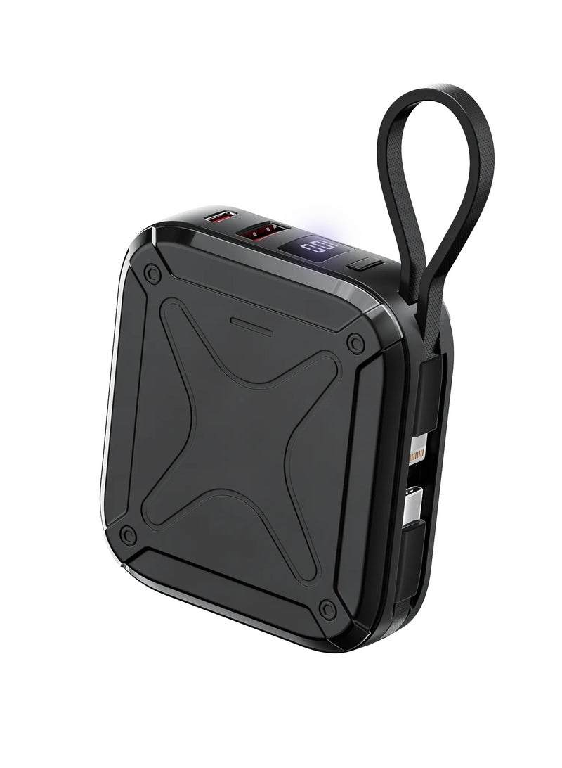 GREEN LION Xtreme 10 Power Bank 10000mAh PD 22.5W Fast Charger PowerBank 10000 mAh with Built-In Cable and Digital Display / Lightning Cable / USB-C Cable / USB-A Port / USB-C Port - Black - Image 1