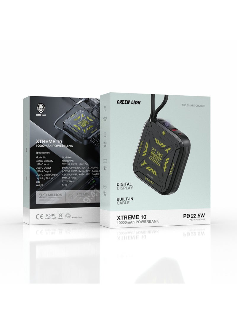 GREEN LION Xtreme 10 Power Bank 10000mAh PD 22.5W Fast Charger PowerBank 10000 mAh with Built-In Cable and Digital Display / Lightning Cable / USB-C Cable / USB-A Port / USB-C Port - Black - Image 3