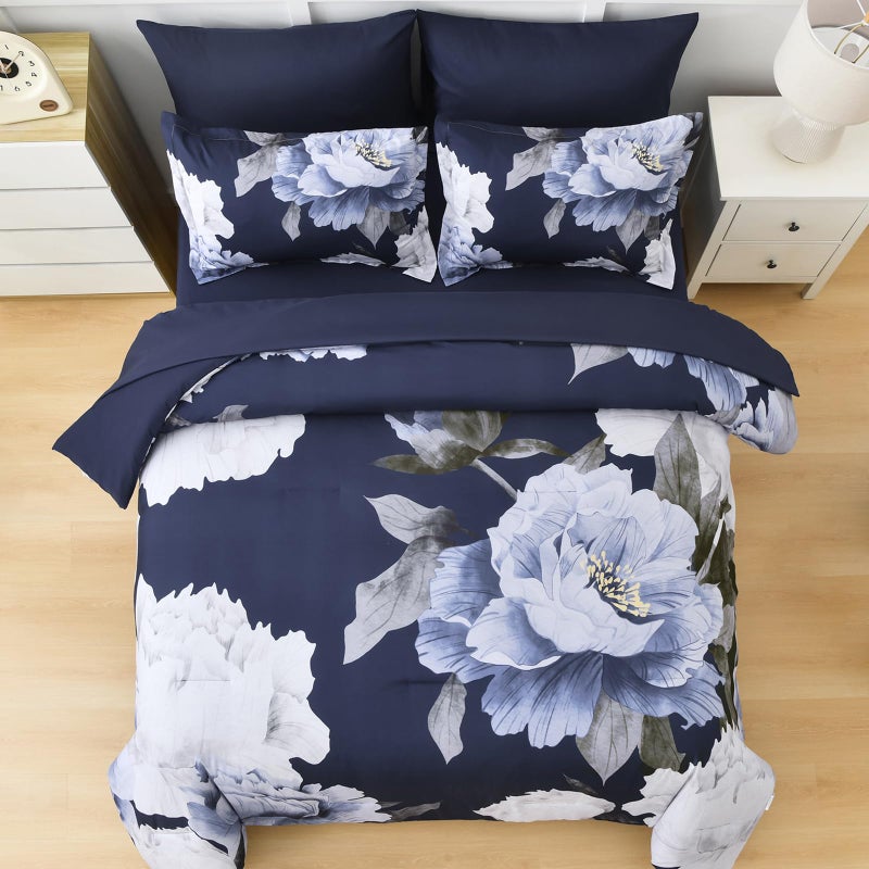 Dobuyly Navy Blue Comforter Set Queen Size 7 Piece Bed in a Bag, Floral Comforter Set with Sheets, Soft Microfiber Botanical Flowers Complete Bedding Set for All Season - Image 3
