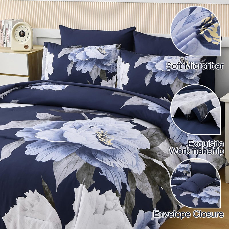 Dobuyly Navy Blue Comforter Set Queen Size 7 Piece Bed in a Bag, Floral Comforter Set with Sheets, Soft Microfiber Botanical Flowers Complete Bedding Set for All Season - Image 4