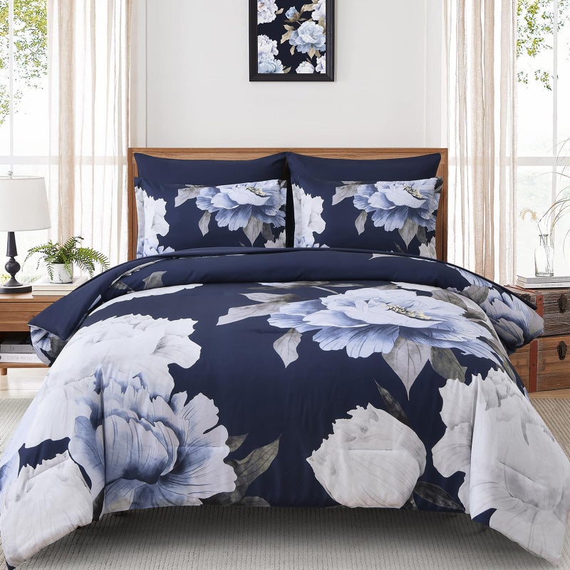 Dobuyly Navy Blue Comforter Set Queen Size 7 Piece Bed in a Bag, Floral Comforter Set with Sheets, Soft Microfiber Botanical Flowers Complete Bedding Set for All Season - Image 1