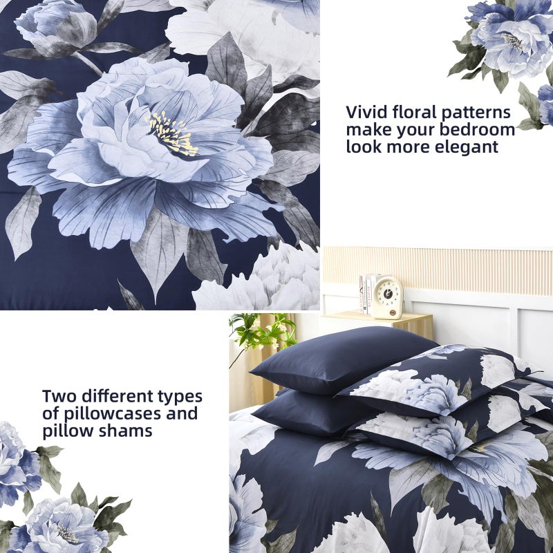 Dobuyly Navy Blue Comforter Set Queen Size 7 Piece Bed in a Bag, Floral Comforter Set with Sheets, Soft Microfiber Botanical Flowers Complete Bedding Set for All Season - Image 5