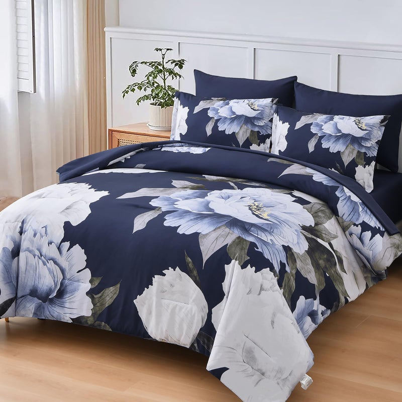 Dobuyly Navy Blue Comforter Set Queen Size 7 Piece Bed in a Bag, Floral Comforter Set with Sheets, Soft Microfiber Botanical Flowers Complete Bedding Set for All Season - Image 2