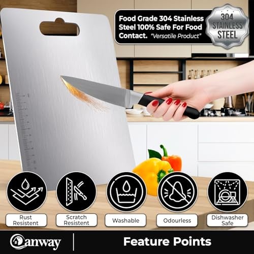 CANWAY® Stainless Steel Chopping Board 36x25 cm with Handle|Anti-Slip Cutting Board for Kitchen|Hygienic & Easy Clean|Ideal for Vegetables, Fruits & Meat|Heavy-Duty Non Slip Chopper|Large - Image 3