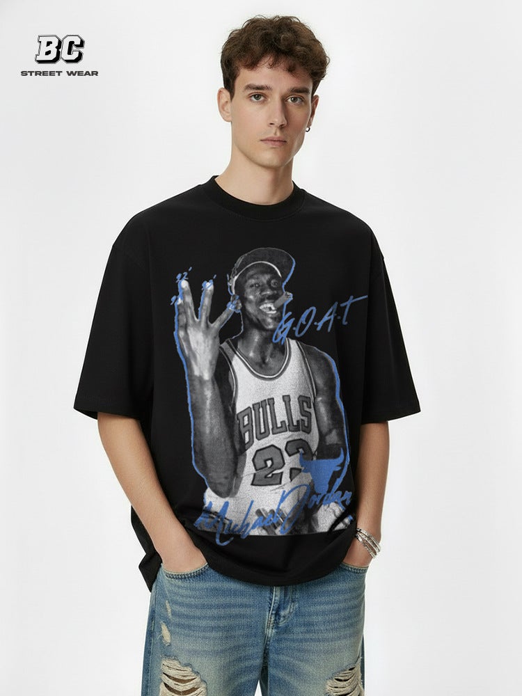 Retro Air Legendary Printed Short-sleeved T-shirt All-match Simple Round Neck Heavy Small Collar Casual Long-sleeved Ins - Image 3
