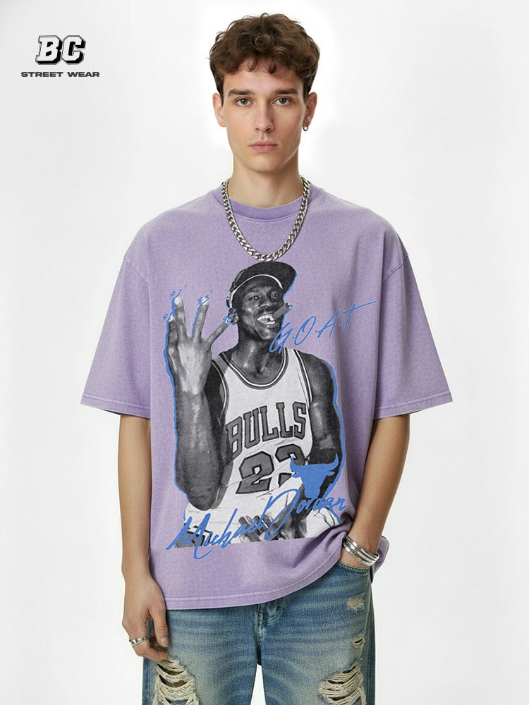 Retro Air Legendary Printed Short-sleeved T-shirt All-match Simple Round Neck Heavy Small Collar Casual Long-sleeved Ins - Image 4