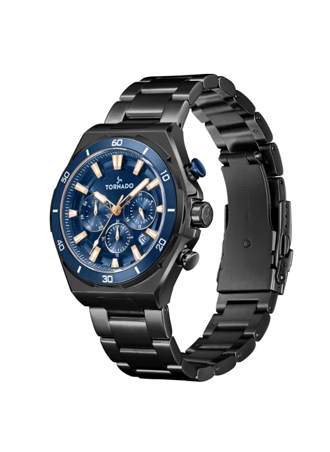 تورنيدو Men's Multi Function Display Watch With Black Stainless Steel Strap - T24104-BBBN