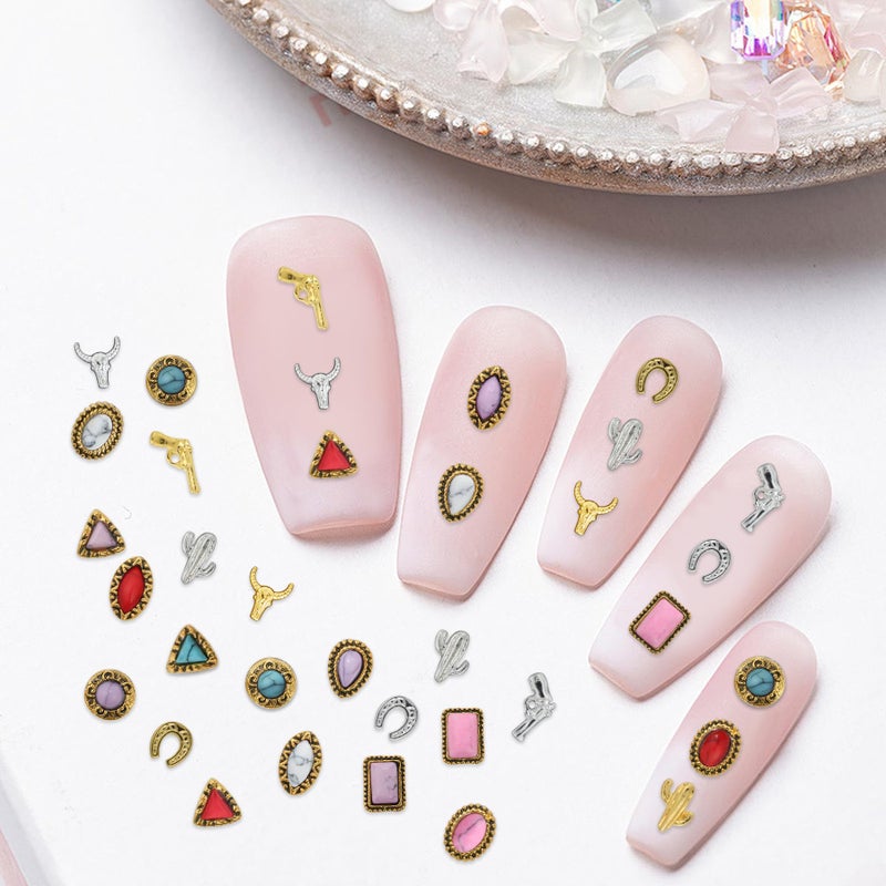 Ohmique 50 PCS Western Nail Charms Turquoise Gems - Mix Color 3D Vintage Turquoise Nail Charms, Retro Cowboy Gemstones Western Art Ornament for Women Daily DIY - Image 4