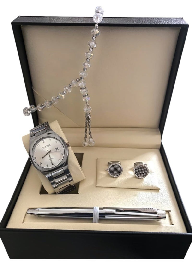كريتر  طقم رجالي فاخر يتكون من ساعة تصميم ملكي من الستانلس ستيل، مينا كلاسيكي مع عرض التاريخ مقاومة للماء وسبحة وقلم وازرار اكمام - Image 1
