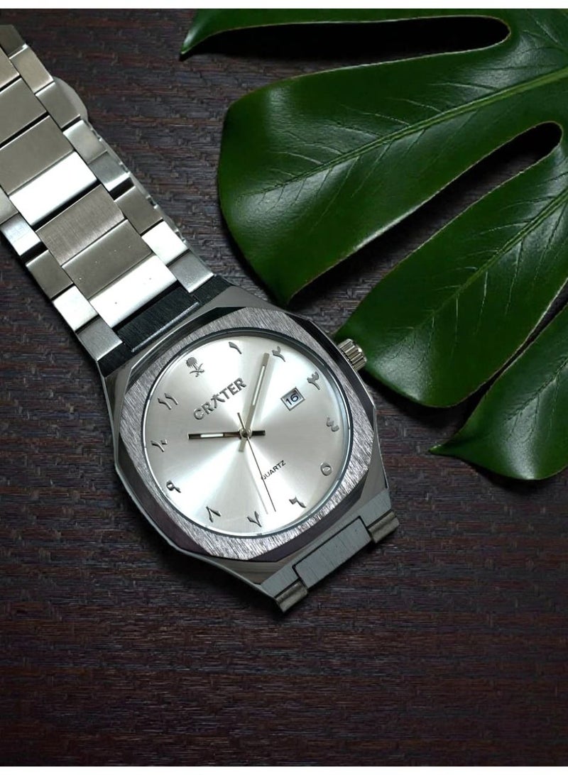 كريتر  طقم رجالي فاخر يتكون من ساعة تصميم ملكي من الستانلس ستيل، مينا كلاسيكي مع عرض التاريخ مقاومة للماء وسبحة وقلم وازرار اكمام - Image 2