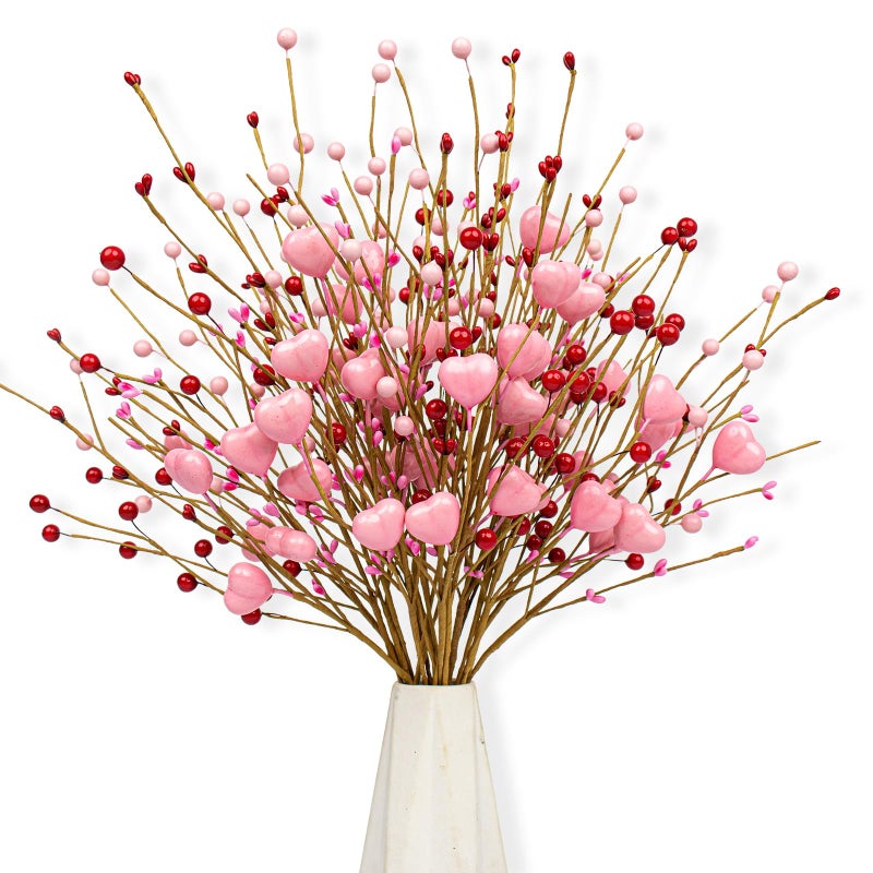 J'FLORU Valentine's Day Gifts Valentines Day Decorations 24 Pack Pink Heart Shaped Berry Picks with Red Berries for Valentines Day Wedding Candlelight Dinner Anniversary - Image 1