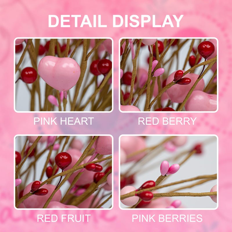 J'FLORU Valentine's Day Gifts Valentines Day Decorations 24 Pack Pink Heart Shaped Berry Picks with Red Berries for Valentines Day Wedding Candlelight Dinner Anniversary - Image 4