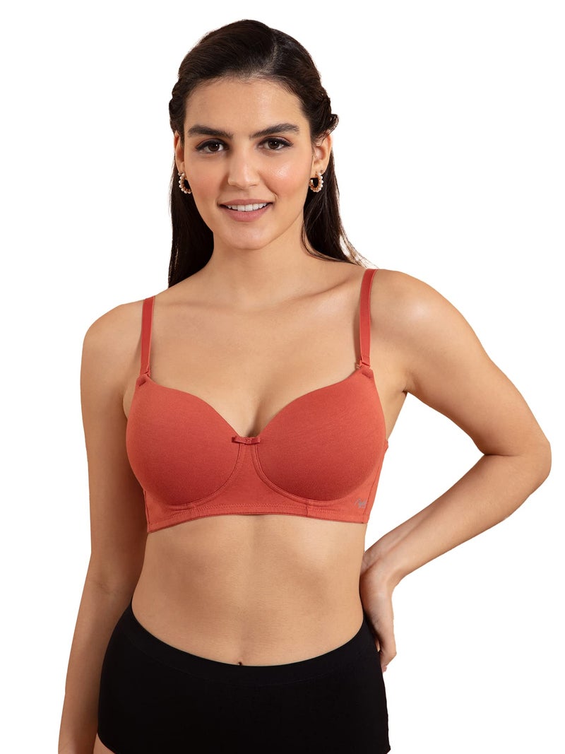 NYKD (NYB198 Cotton Lightly Padded & Non Wired T-Shirt Bra for Women | Medium Coverage Bra with Soft Detachable Straps | Ideal for All Day Comfort - Orange - Image 1