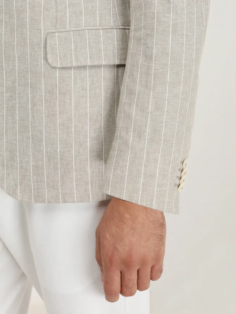 Kip Beige Striped Slim Fit Cotton Blend Jacket