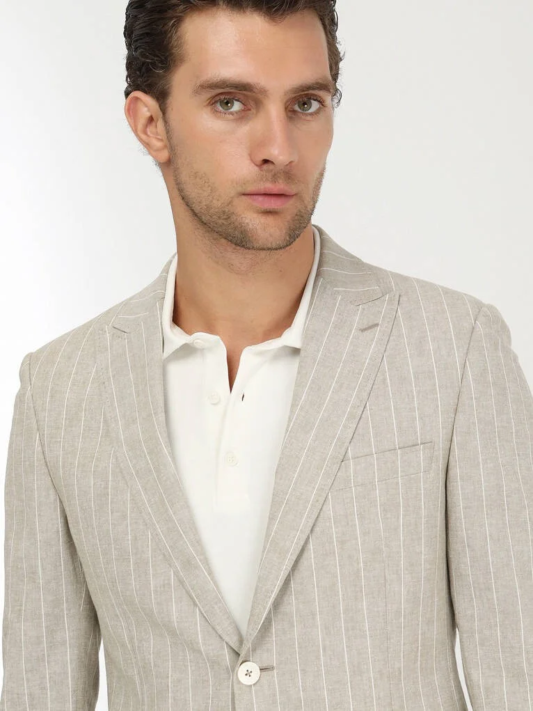 Kip Beige Striped Slim Fit Cotton Blend Jacket