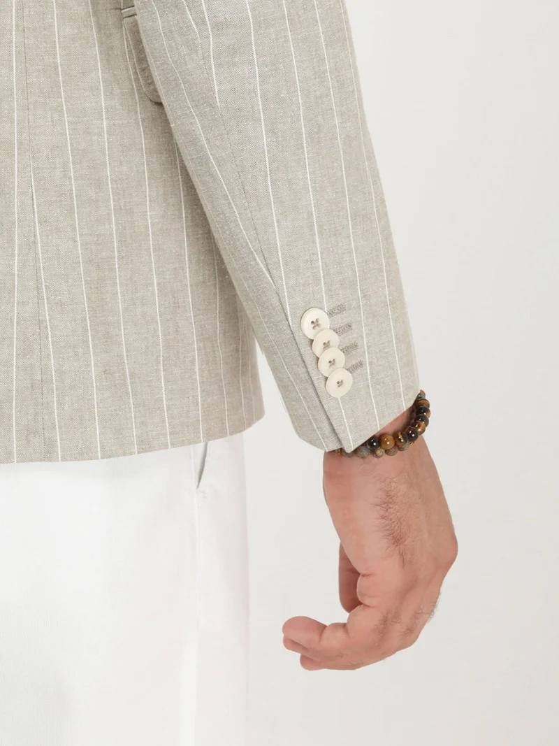 Kip Beige Striped Slim Fit Cotton Blend Jacket