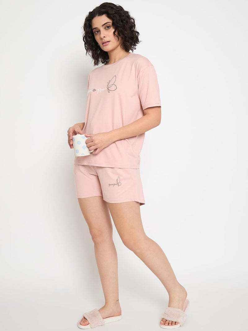 CAMEY T-Shit & Shorts Night Suit for Women, Comfortable for Summer Nights, Printed Regular Fit Two Piece Set, 2 Pockes Shorts, Home Wear, Lounge Wear Co Ord Set (Pink) (XXL) - Image 2