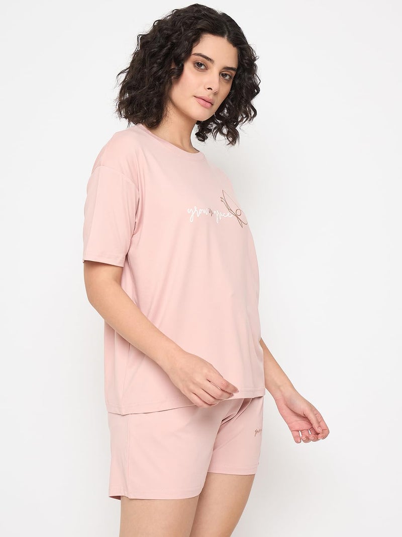 CAMEY T-Shit & Shorts Night Suit for Women, Comfortable for Summer Nights, Printed Regular Fit Two Piece Set, 2 Pockes Shorts, Home Wear, Lounge Wear Co Ord Set (Pink) (XXL) - Image 4