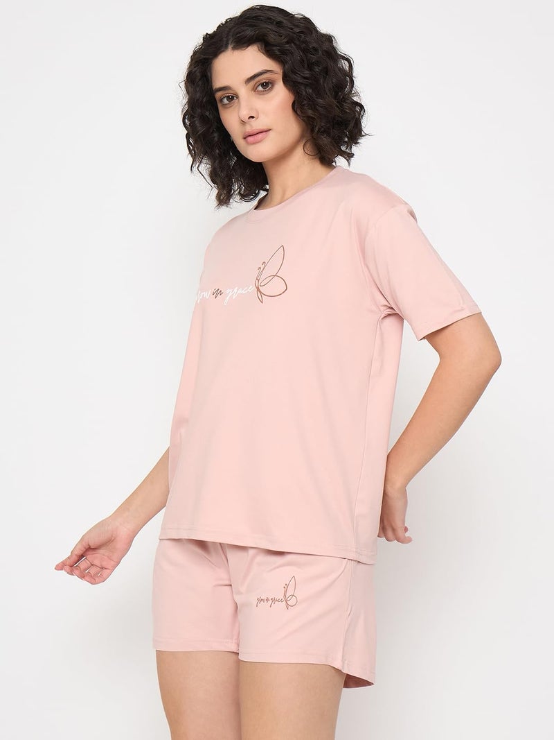 CAMEY T-Shit & Shorts Night Suit for Women, Comfortable for Summer Nights, Printed Regular Fit Two Piece Set, 2 Pockes Shorts, Home Wear, Lounge Wear Co Ord Set (Pink) (XXL) - Image 3