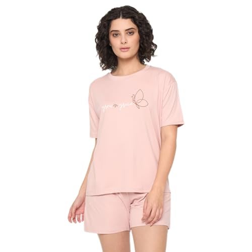 CAMEY T-Shit & Shorts Night Suit for Women, Comfortable for Summer Nights, Printed Regular Fit Two Piece Set, 2 Pockes Shorts, Home Wear, Lounge Wear Co Ord Set (Pink) (XXL) - Image 1
