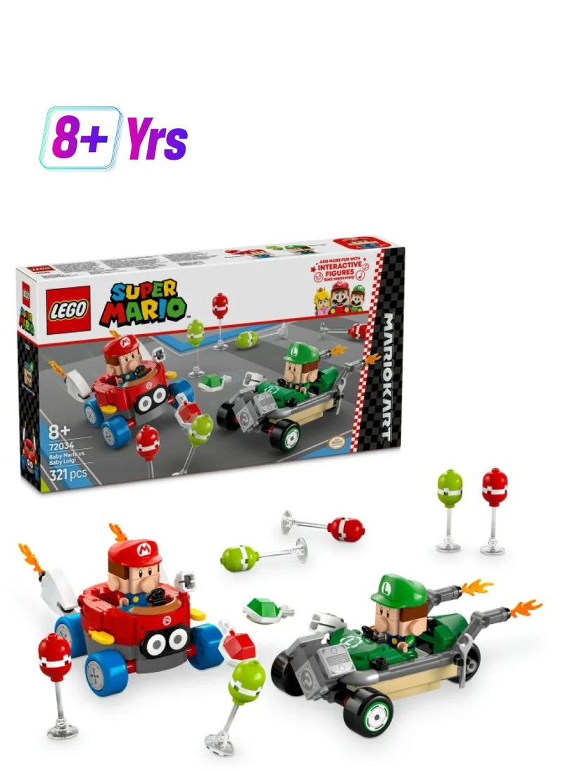 LEGO LEGO Super Mario: Mario Kart – Baby Mario vs. Baby Luigi Toy Set, with 2 Collectible Nintendo Character Figures and 2 Cars, Birthday Gift Idea for 8 Plus Year Old Boys, Girls and Gamers 72034