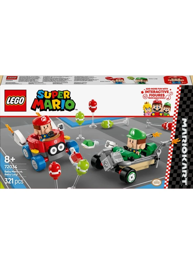 LEGO LEGO Super Mario: Mario Kart – Baby Mario vs. Baby Luigi Toy Set, with 2 Collectible Nintendo Character Figures and 2 Cars, Birthday Gift Idea for 8 Plus Year Old Boys, Girls and Gamers 72034