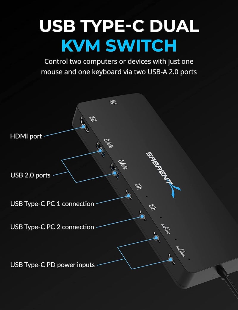 SABRENT مفتاح KVM من SABRENT USBC لجهاز كمبيوتر واحد إلى شاشتين مع طاقة 60 واط USBCKDH - Image 2