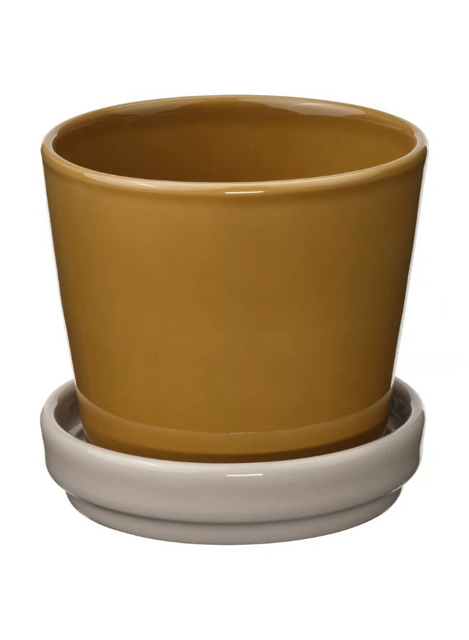 Dark Yellow & Light Beige Plant Pot with Saucer – Indoor & Outdoor Decorative Flower Pot, Durable and Stylish, 9 cm Diameter - Image 1