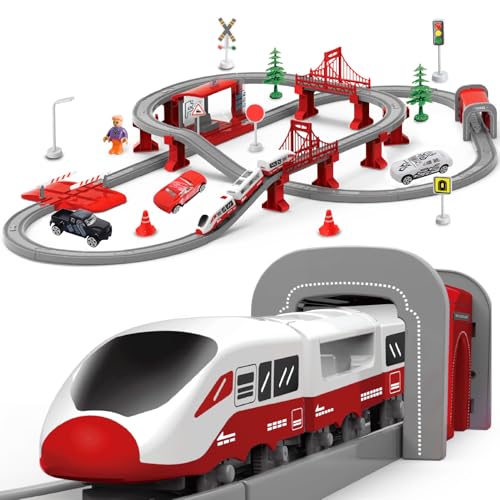 Wdmiya Train Sets for Toddlers 104 Pcs Trains Toy with Battery Operated Tracks Magnetic Connection Compatible with Thomas Brio Christmas Toy Gifts for 3 4 5 6 7 8 Years Old City Red 104 Pcs - Image 1