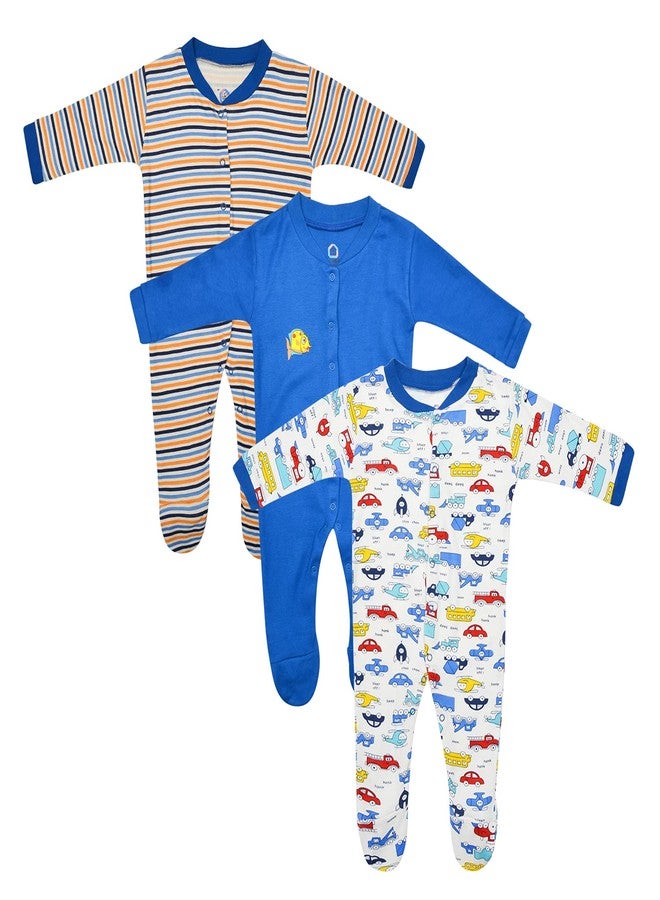 Magic Town® 100% Hosiery Cotton Unisex Long Sleeve Sleep Suit Romper for Boys Girls and Infants Set of 3 (multi color, blue) (9-12 Months) - Image 1