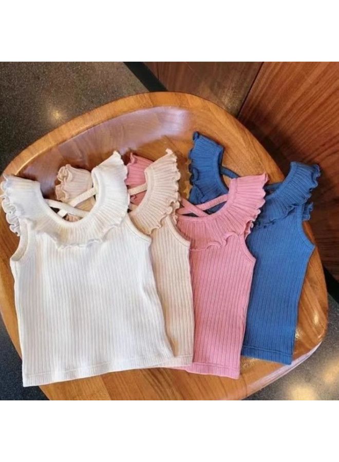 New Style Children's Girls' Vest With Ruffled Edges, Fashionable And Versatile Top For Young Children, Trendy T-shirt For Summer