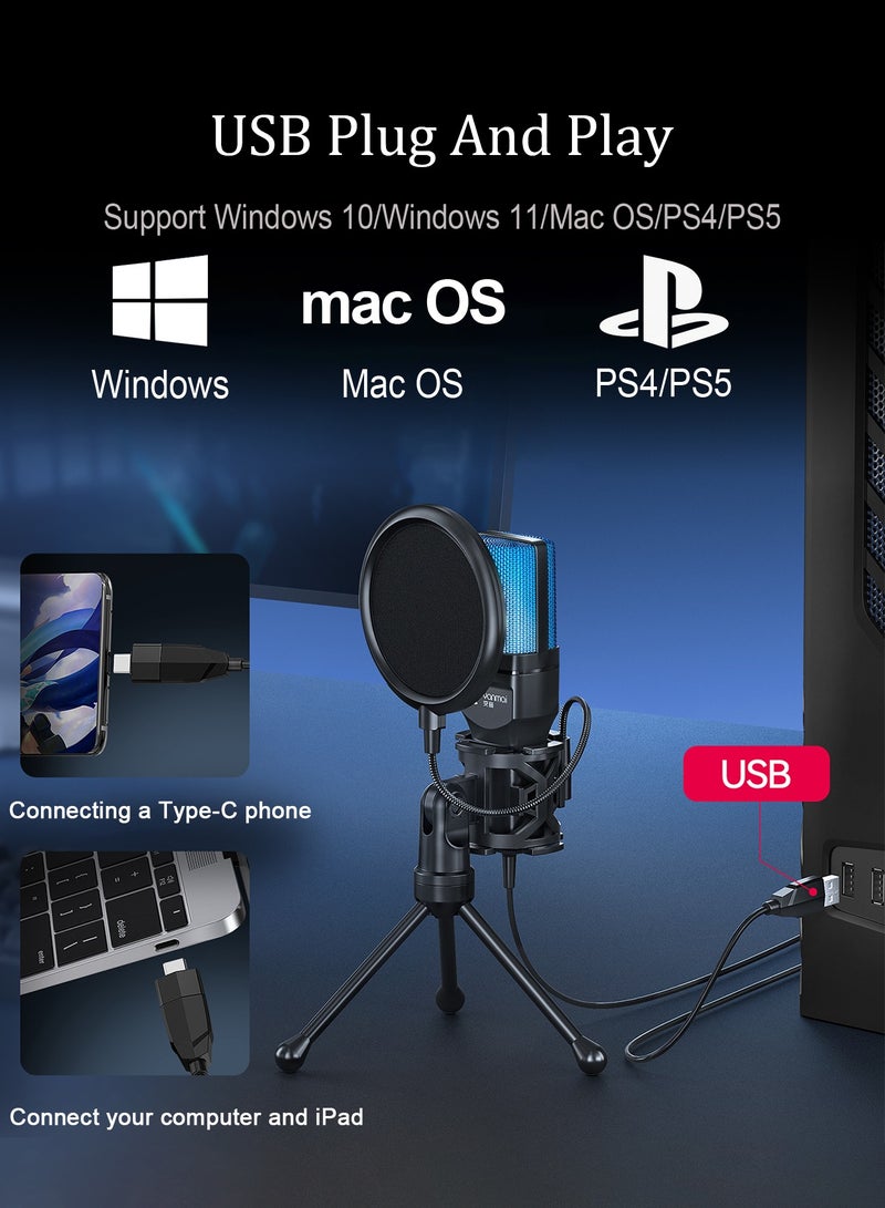 يانماي مايك ميكروفون ألعاب USB ميكروفون كمبيوتر مكثف عالي الحساسية للتوصيل والتشغيل مناسب للألعاب/البث المباشر/البودكاست/PS4/5/الكمبيوتر الشخصي/iPad مع كتم الصوت - Image 3