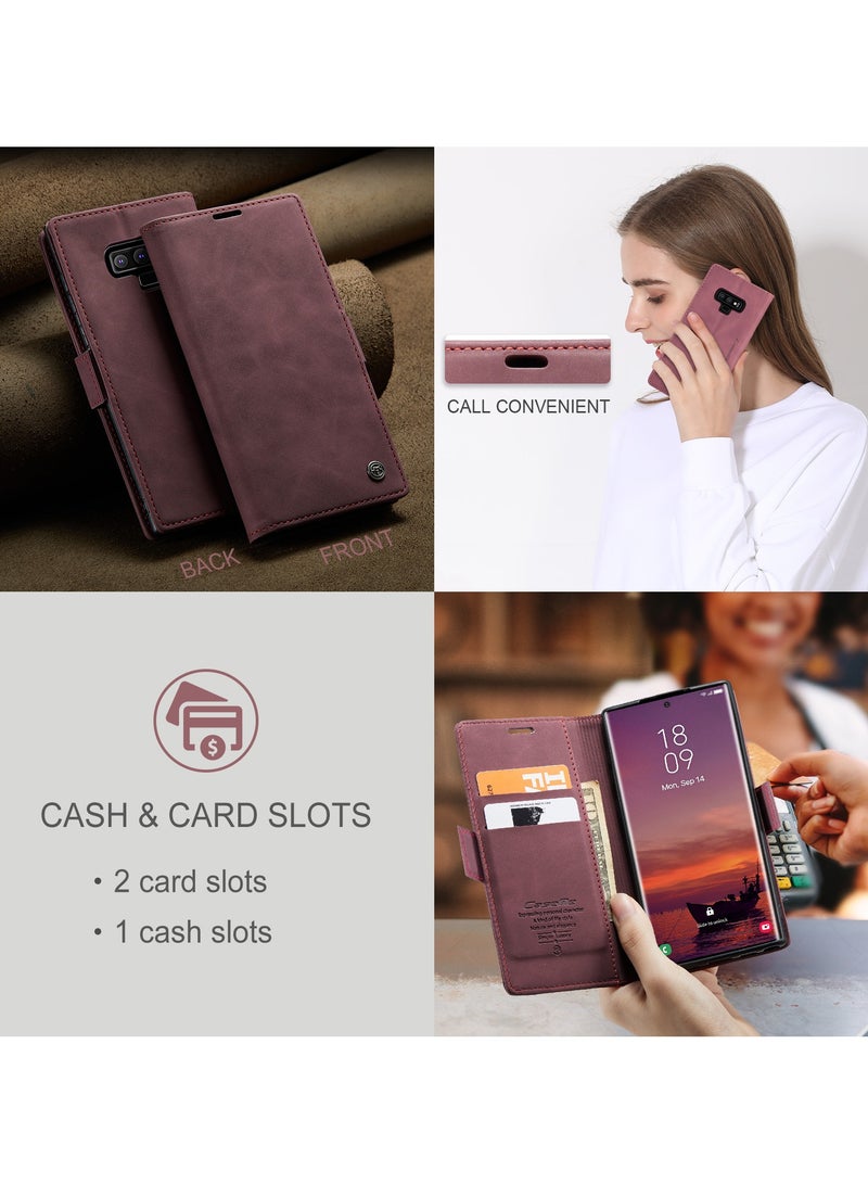 CaseMe Phone Case Luxury PU Leather Design 013 Flip Cover Card Slot Holder Cover For Samsung Galaxy Note 9  (WineRed) - Image 3