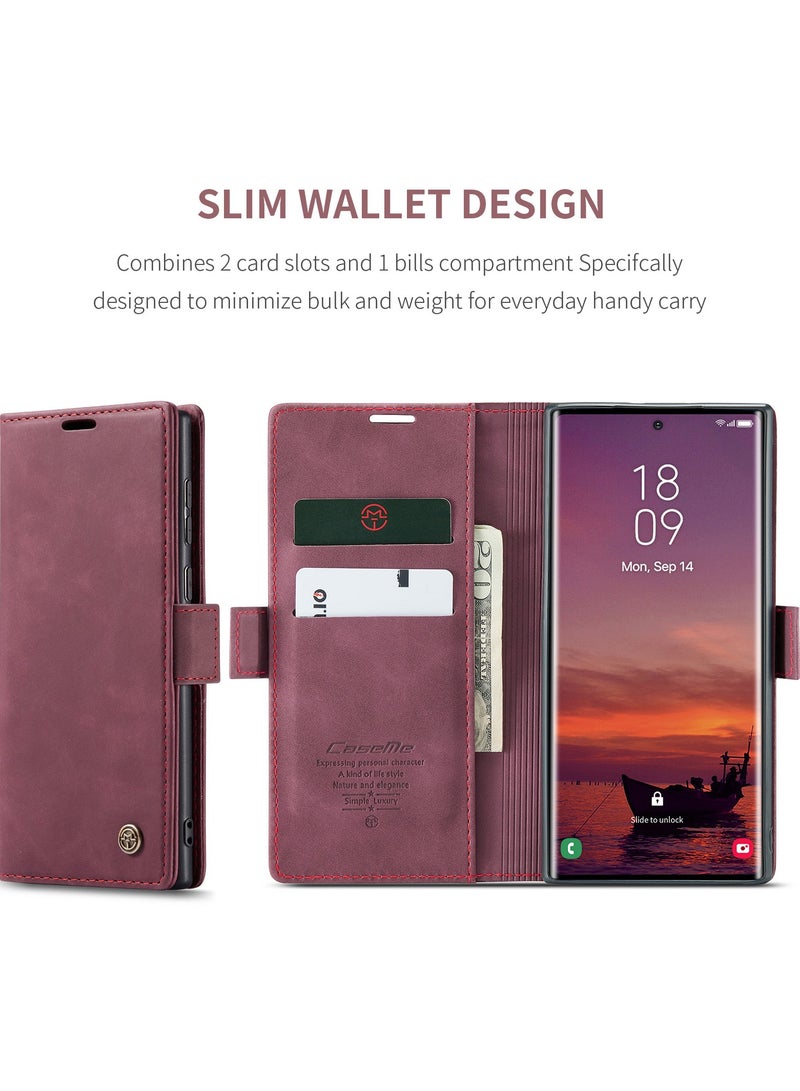 CaseMe Phone Case Luxury PU Leather Design 013 Flip Cover Card Slot Holder Cover For Samsung Galaxy Note 9  (WineRed) - Image 2