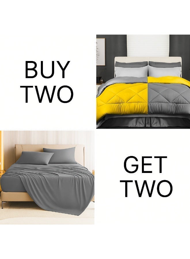 Tiba Buy Two get Two, 2 double face winter quilt+ 2 Flat bed sheet set, 160*235 cm, Gray &Yellow - Image 1