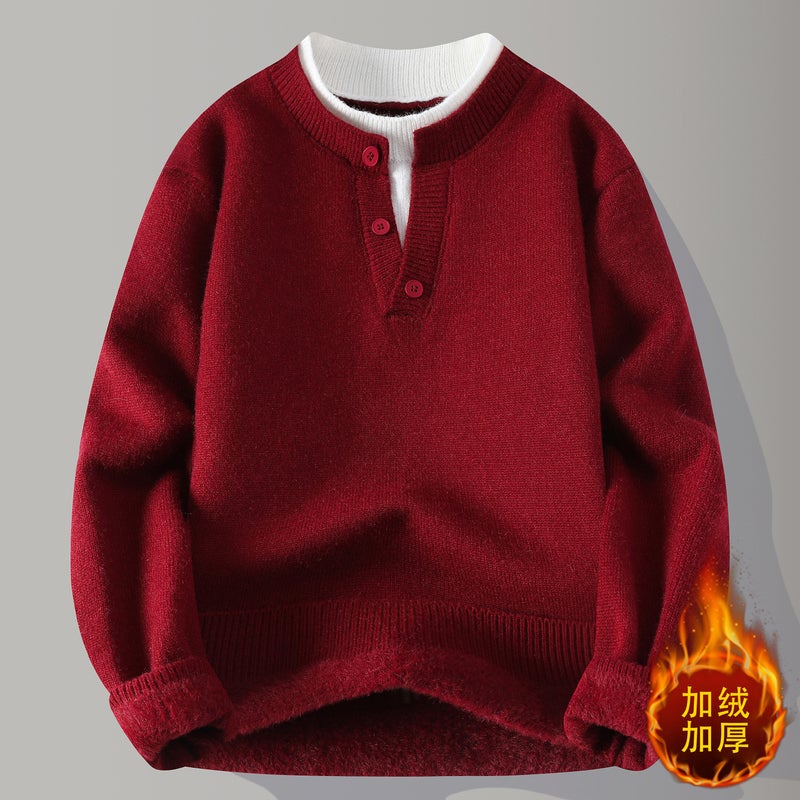 Cardigan Red Men's Winter Sweater with Fleece Lining Thickened Trendy Knitwear Student Tops Knitted Warm Clothing