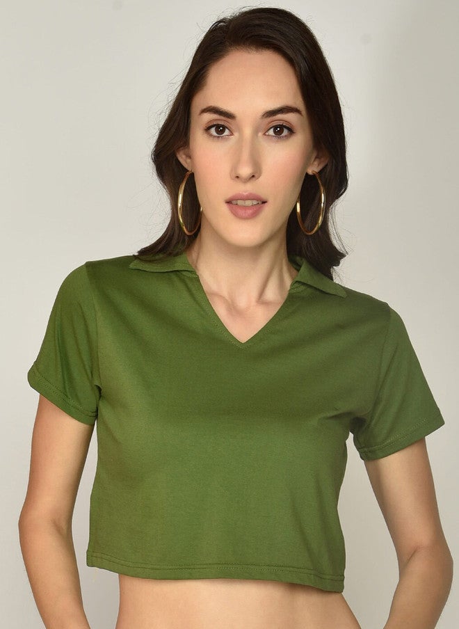 CHIMPAAANZEE Green Shirt Style Cotton Crop Top - Image 1