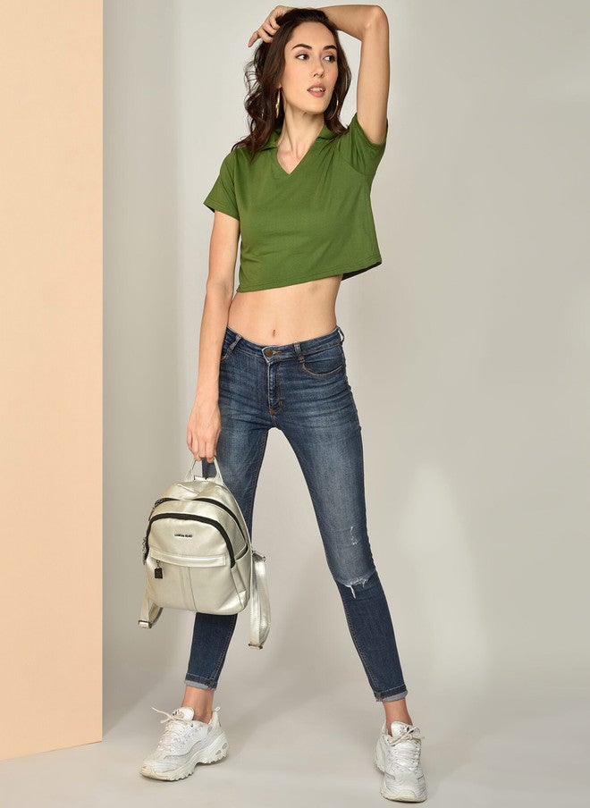 CHIMPAAANZEE Green Shirt Style Cotton Crop Top - Image 5