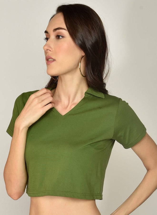 CHIMPAAANZEE Green Shirt Style Cotton Crop Top - Image 3