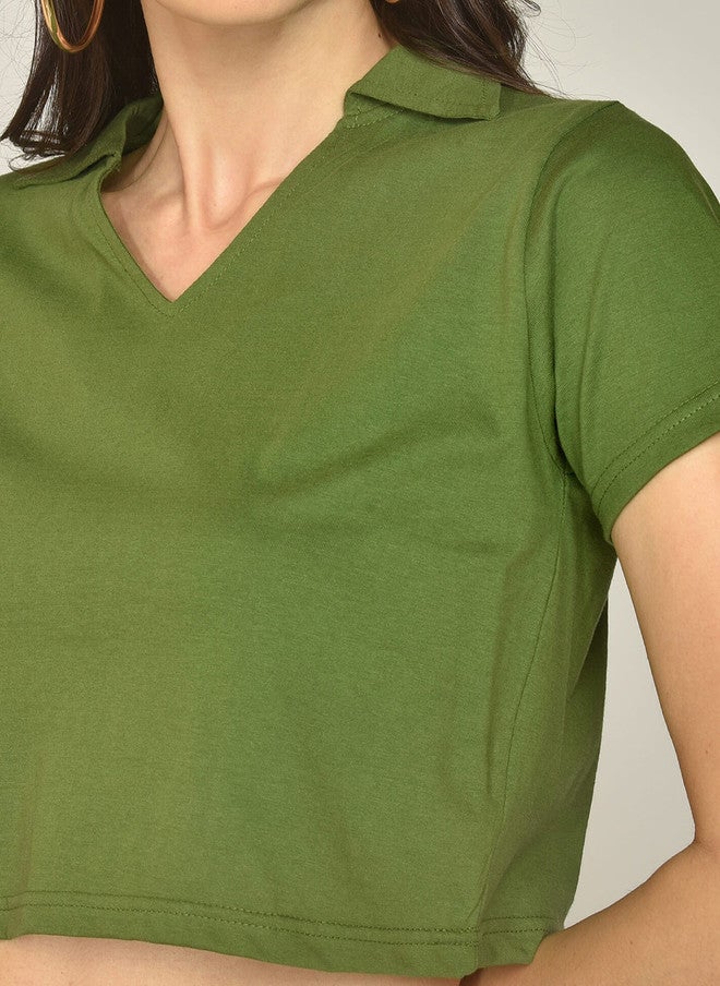CHIMPAAANZEE Green Shirt Style Cotton Crop Top - Image 2