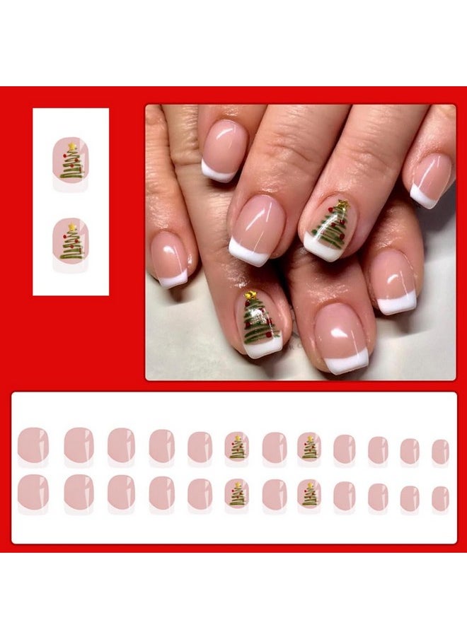 Tyemp Christmas Press On Nails Short, French Christmas Fake Nails Square Coffin Press On Nail Tips With Xmas Tree Winter Designs Full Cover False Acrylic Nails Glossy For Women Girls 24Pcs  - Image 3