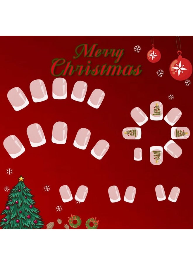 Tyemp Christmas Press On Nails Short, French Christmas Fake Nails Square Coffin Press On Nail Tips With Xmas Tree Winter Designs Full Cover False Acrylic Nails Glossy For Women Girls 24Pcs  - Image 2