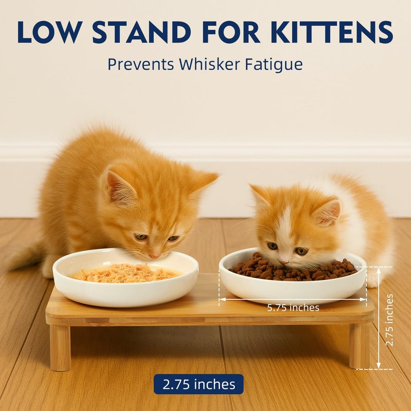 DoogCat Elevated Cat Bowls for Indoor Cats â€“ Raised Bamboo Cat Food Table with 2 Ceramic Dishes, Adjustable Height (4.25"/3.07"), Whisker Friendly Feeding Station - Image 3