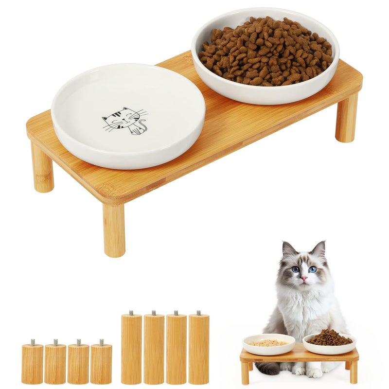 DoogCat Elevated Cat Bowls for Indoor Cats â€“ Raised Bamboo Cat Food Table with 2 Ceramic Dishes, Adjustable Height (4.25"/3.07"), Whisker Friendly Feeding Station - Image 1