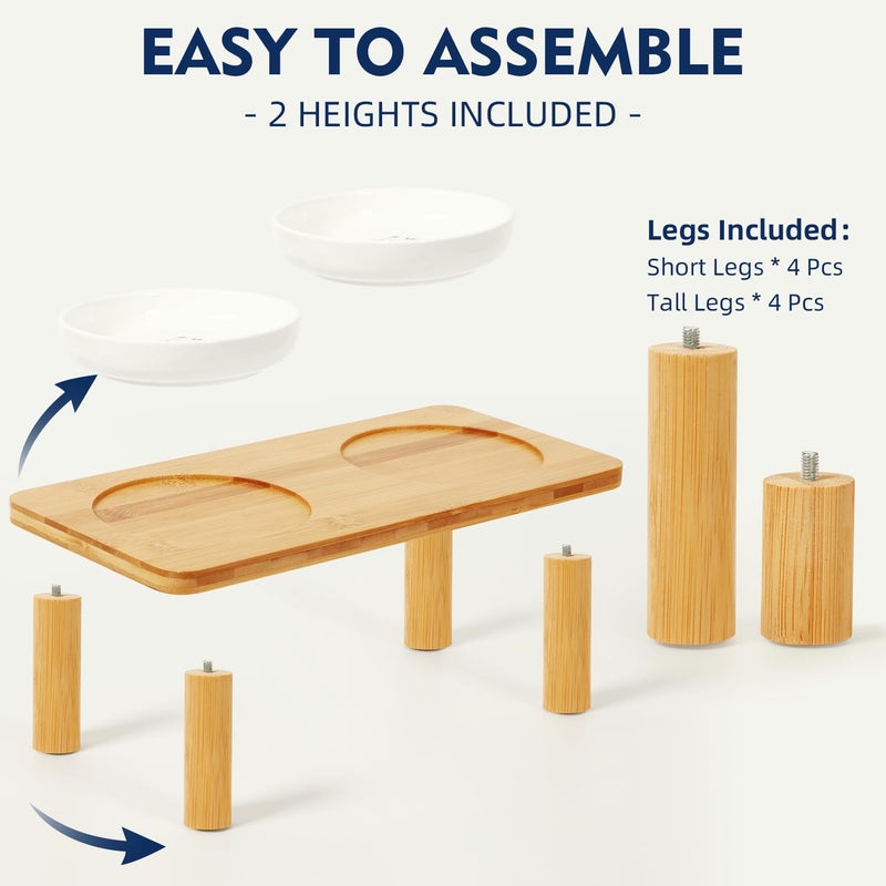DoogCat Elevated Cat Bowls for Indoor Cats â€“ Raised Bamboo Cat Food Table with 2 Ceramic Dishes, Adjustable Height (4.25"/3.07"), Whisker Friendly Feeding Station - Image 5