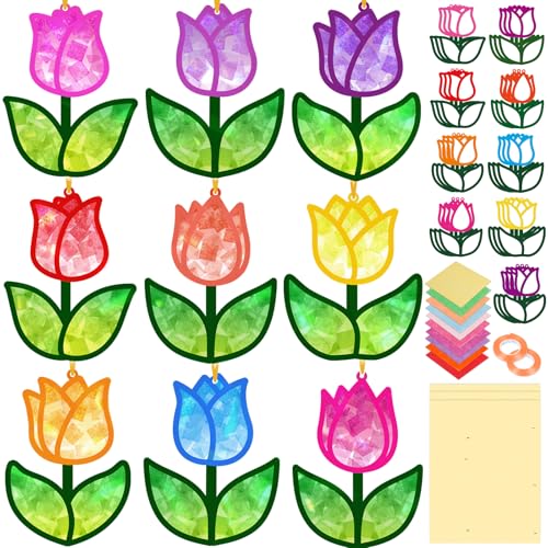 Renbuzhu 40PCS Spring Crafts Bulk: Paper Tulip Suncatchers DIY Kit for Activities Decorations, Window Stained Glass Effect Art Ornaments - Image 1
