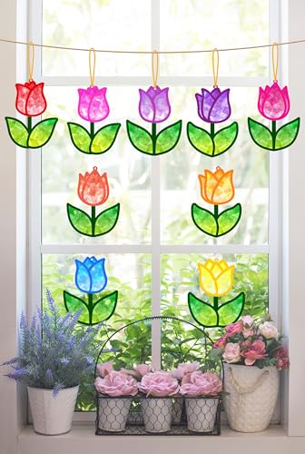 Renbuzhu 40PCS Spring Crafts Bulk: Paper Tulip Suncatchers DIY Kit for Activities Decorations, Window Stained Glass Effect Art Ornaments - Image 2