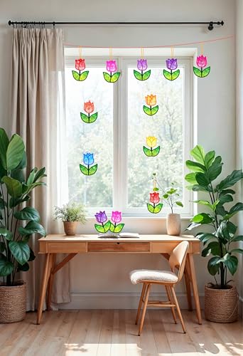 Renbuzhu 40PCS Spring Crafts Bulk: Paper Tulip Suncatchers DIY Kit for Activities Decorations, Window Stained Glass Effect Art Ornaments - Image 3
