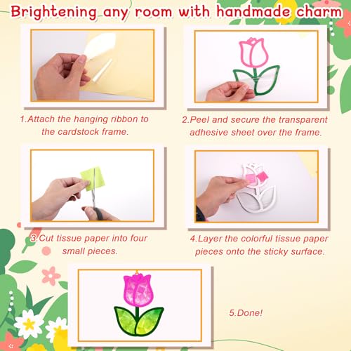 Renbuzhu 40PCS Spring Crafts Bulk: Paper Tulip Suncatchers DIY Kit for Activities Decorations, Window Stained Glass Effect Art Ornaments - Image 5