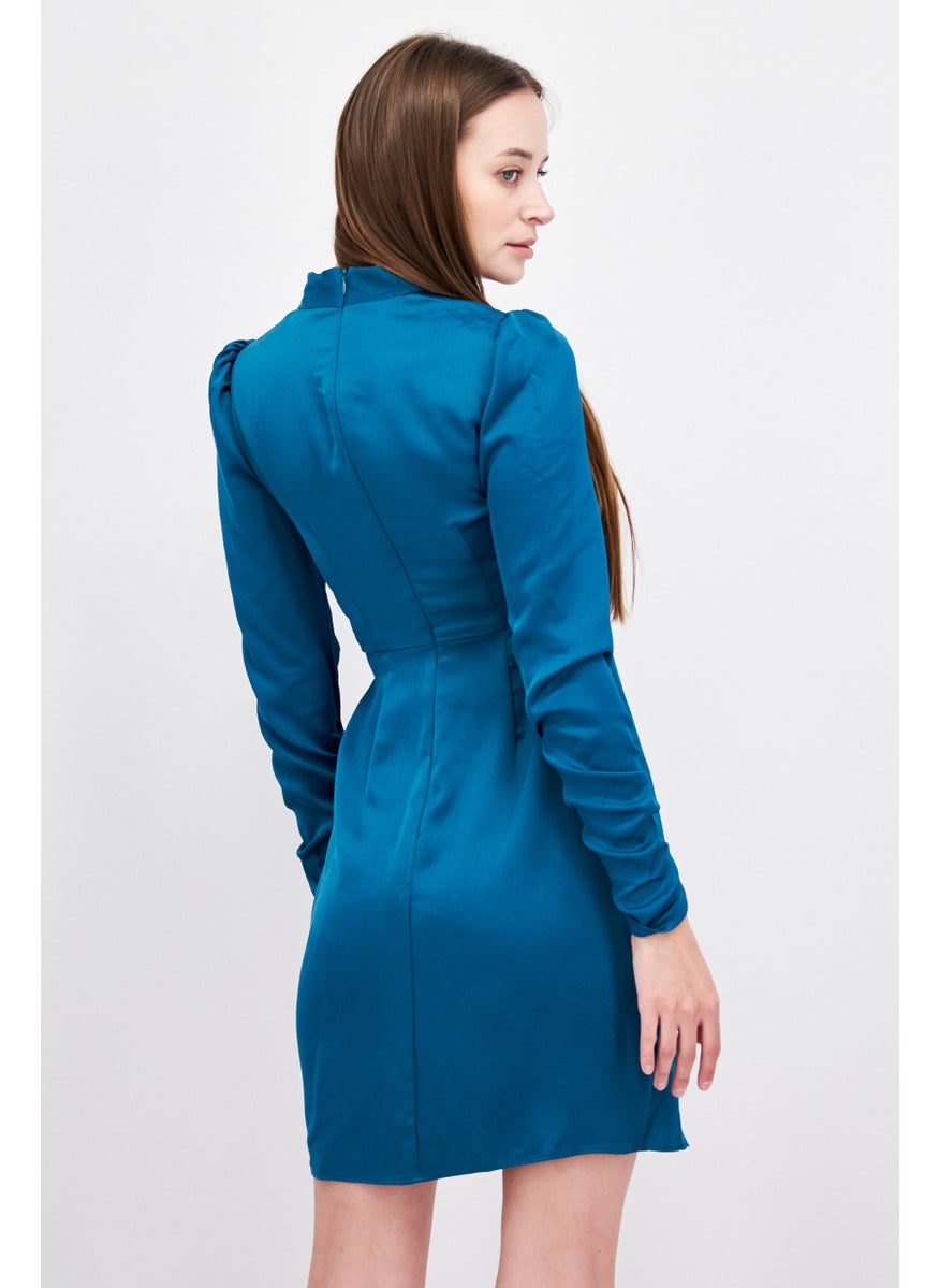 Taylor - Women Textured Mini Dress, Teal Blue - Image 1